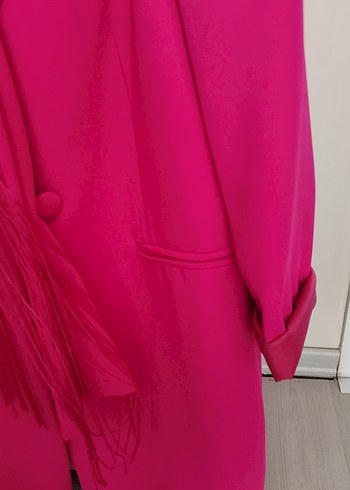 Püsküllü Pembe Uzun Kadın Blazer Ceket - Görsel 9