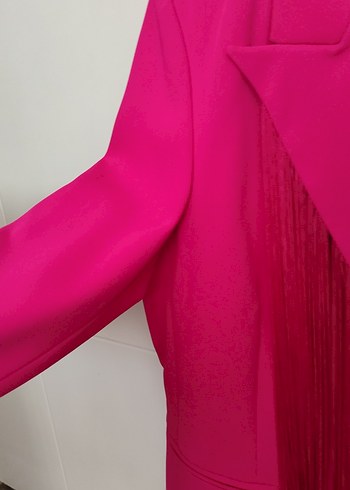 Püsküllü Pembe Uzun Kadın Blazer Ceket - Görsel 7