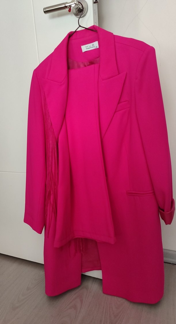 Püsküllü Pembe Uzun Kadın Blazer Ceket - Görsel 3