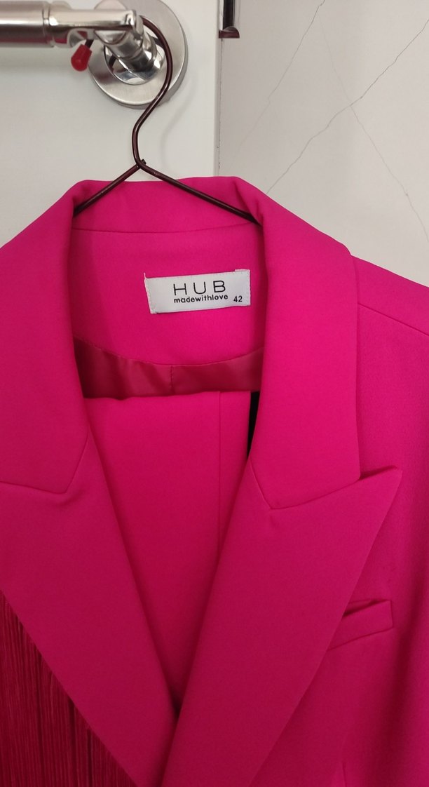 Püsküllü Pembe Uzun Kadın Blazer Ceket - Görsel 2
