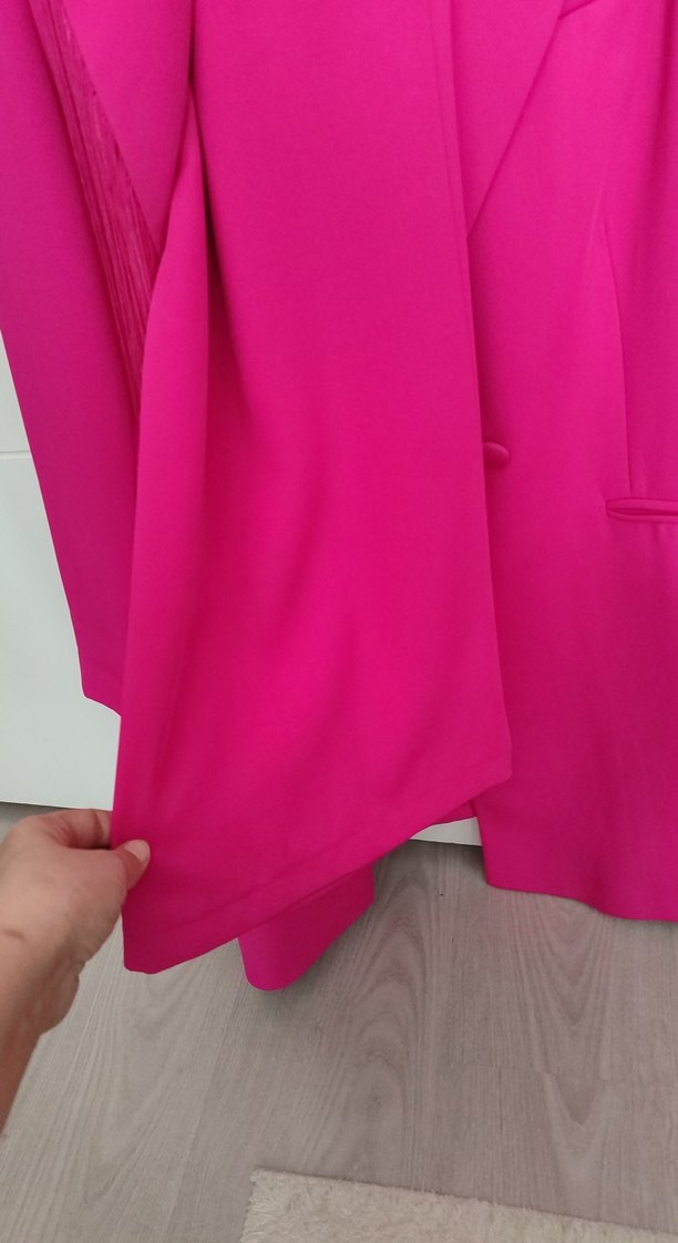 Püsküllü Pembe Uzun Kadın Blazer Ceket - Görsel 4