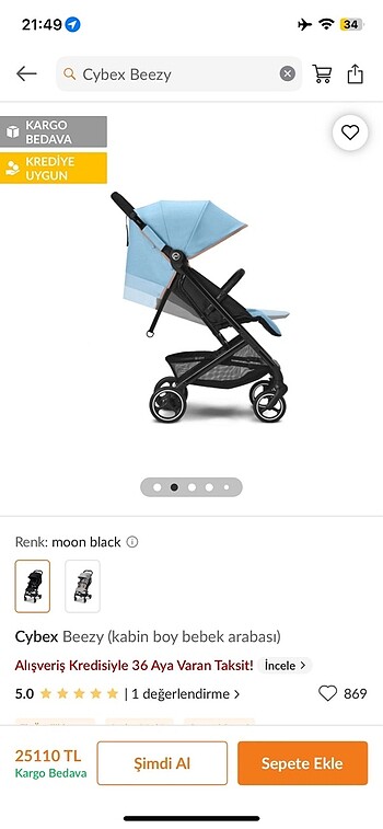 Diğer Cybex Beezy Kabin Boy Bebek Arabası Siyah