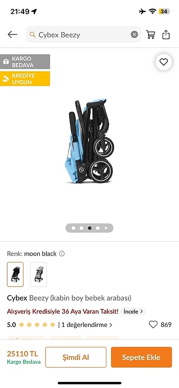 0 - 13 kg Beden Cybex Beezy Kabin Boy Bebek Arabası Siyah
