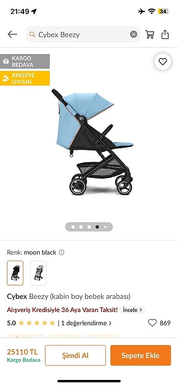 0 - 13 kg Beden siyah Renk Cybex Beezy Kabin Boy Bebek Arabası Siyah