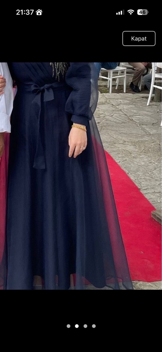 Uzun Kollu Lacivert Drapeli Uzun Elbise - Görsel 2