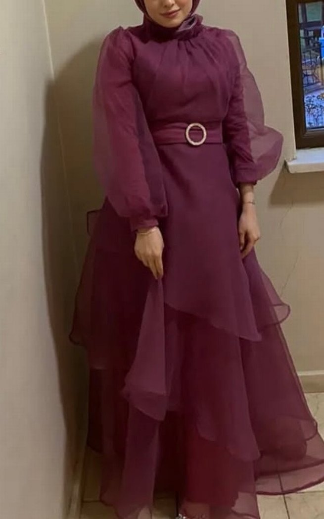 Bordo Uzun Kollu Salaş Abiye Elbise - Görsel 2