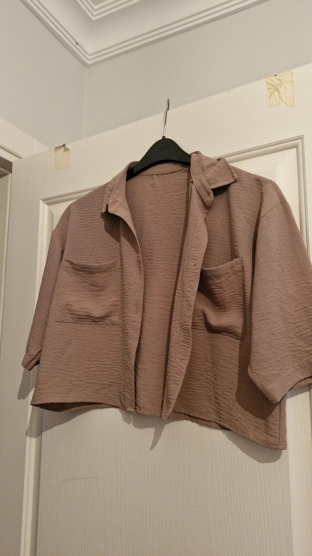 Bej Keten Düğmeli Kadın Gömlek - Görsel 2