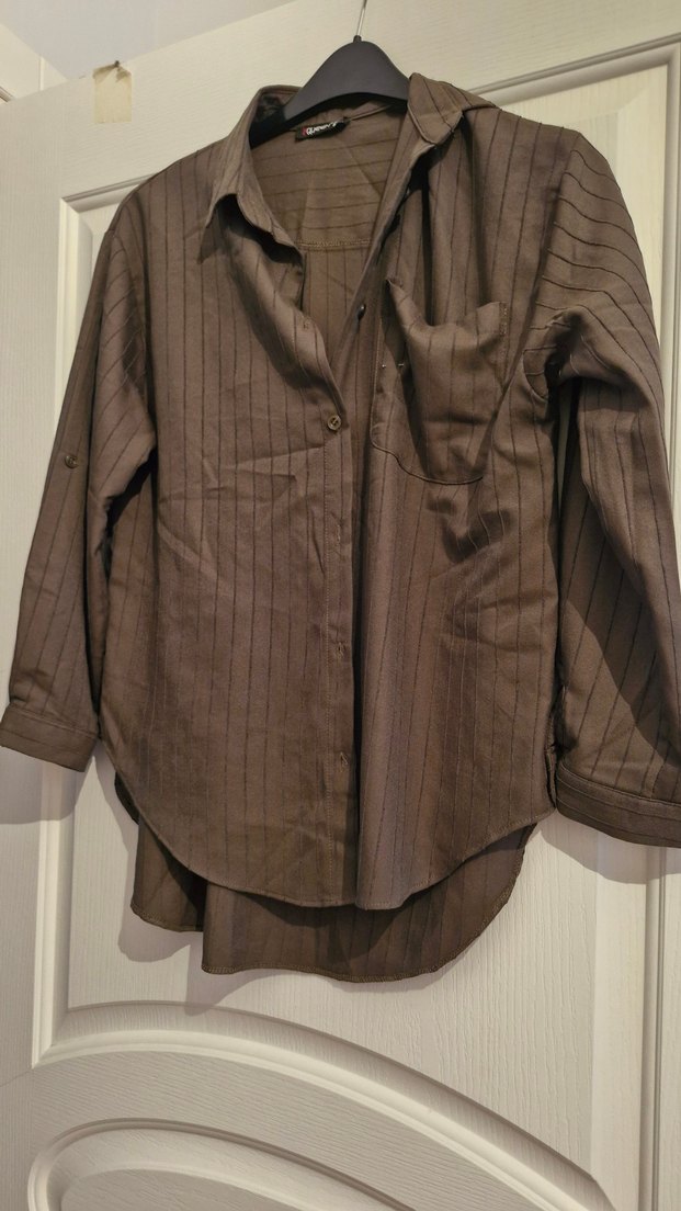 Düğmeli haki Keten Kadın Gömlek - Görsel 2