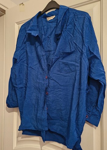 Mavi Düğmeli Keten Kadın Gömlek - Görsel 2