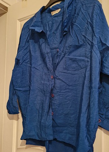 Mavi Düğmeli Keten Kadın Gömlek - Görsel 4