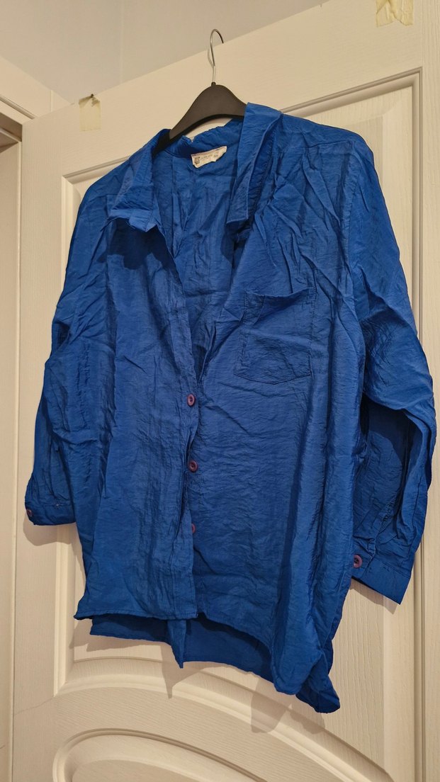 Mavi Düğmeli Keten Kadın Gömlek - Görsel 2