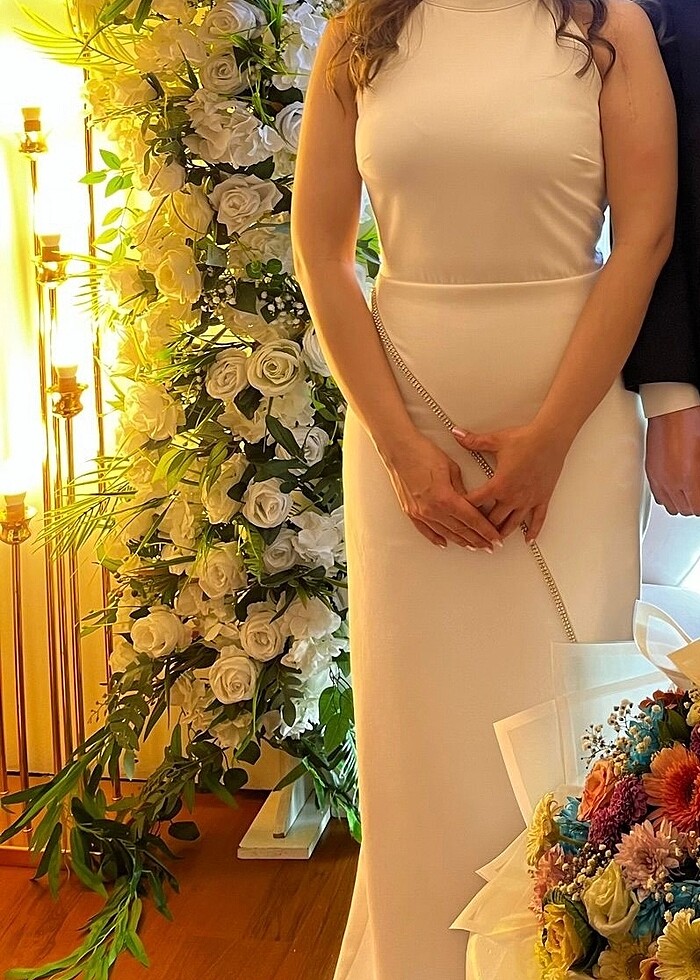 Taş detaylı önü yırtmaçlı uzun elbise - Görsel 2