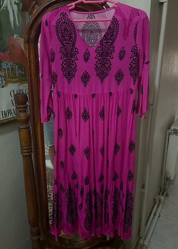 Pembe V Yaka Bohem Uzun Elbise