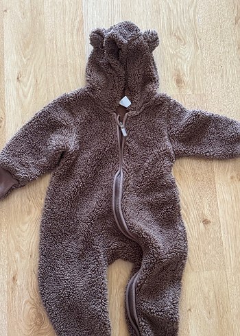 Kahverengi Peluş Bebek Tulumu Kulaklı Kapüşonlu