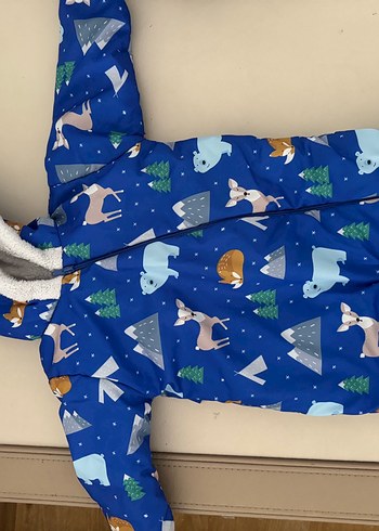 3 Ay Beden Kürklü Baskılı Mavi Bebek Erkek Tulumu