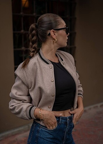 s Beden camel Renk Kaşe Crop Bomber Ceket