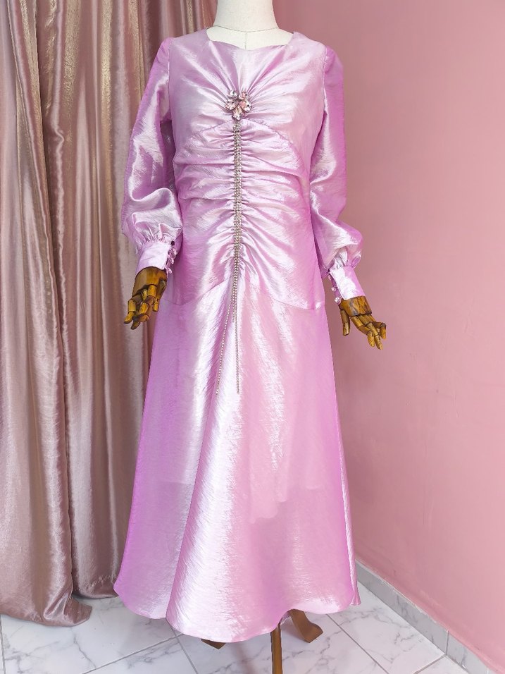 Pembe Drapeli Uzun Kollu Abiye - Görsel 3