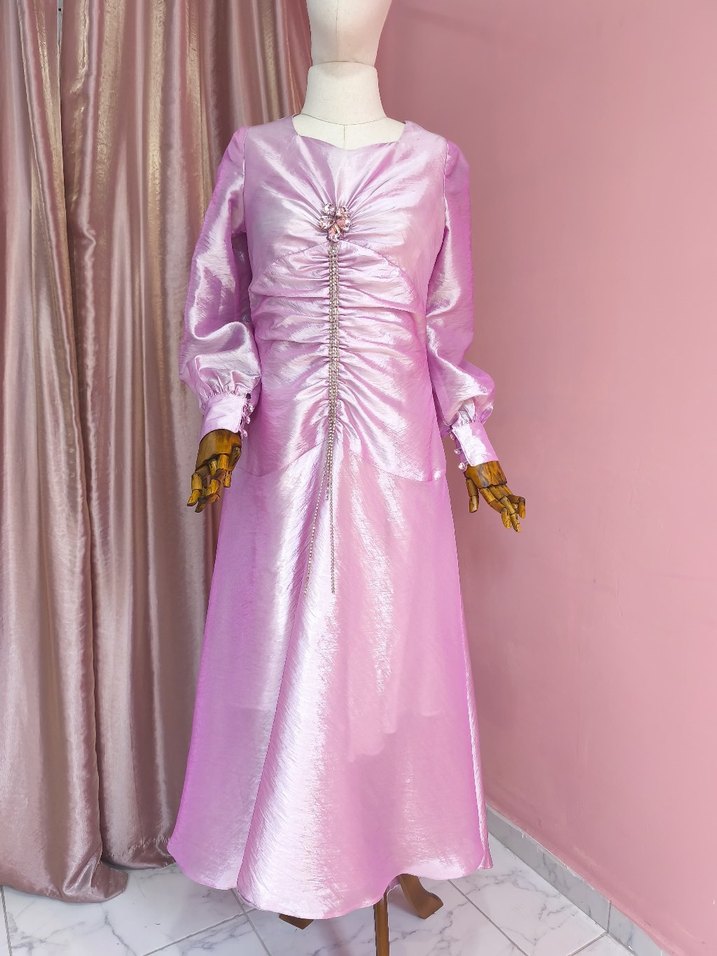 Pembe Drapeli Uzun Kollu Abiye - Görsel 2