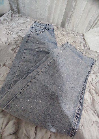 36 Beden Gri Payetli Bol Kesim Midi Denim Kadın Jean