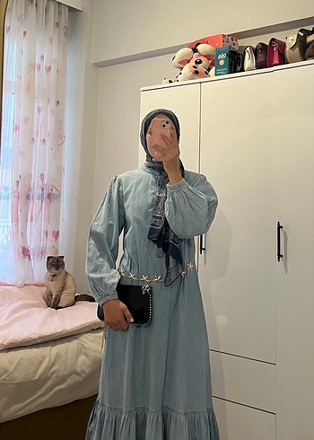 Gri Batik Desenli Uzun Denim Elbise