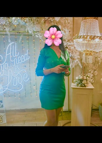 Yeşil V Yaka Midi Deri Elbise - Görsel 2