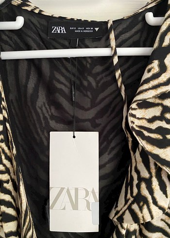 s Beden kahverengi Renk Zebra Desenli V Yakalı Mini Elbise