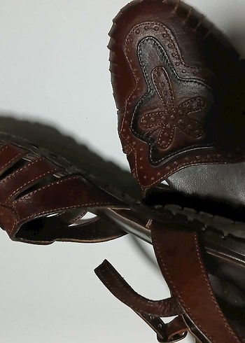 Kahverengi Deri Dolgu Topuklu Sandalet - Görsel 4