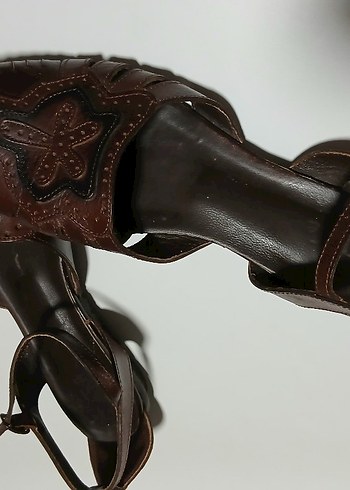 Kahverengi Deri Dolgu Topuklu Sandalet - Görsel 3