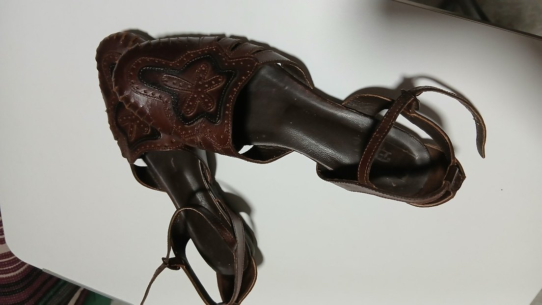 Kahverengi Deri Dolgu Topuklu Sandalet - Görsel 3