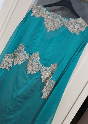 Turkuaz İşlemeli Uzun Abiye  şifon, tül pelerin. - Görsel 2