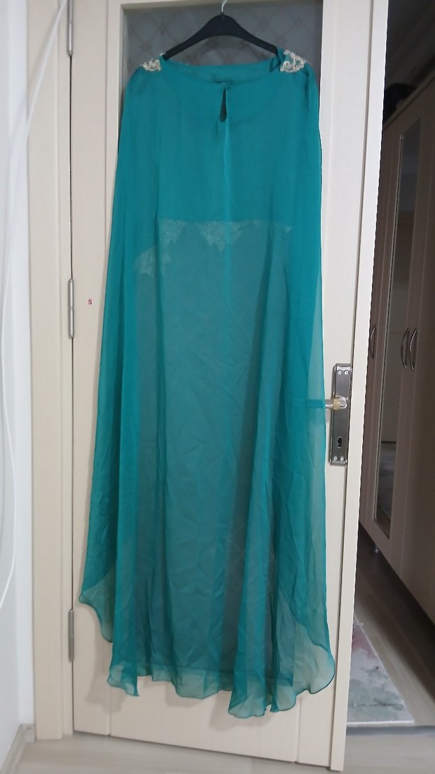 Turkuaz İşlemeli Uzun Abiye  şifon, tül pelerin. - Görsel 4