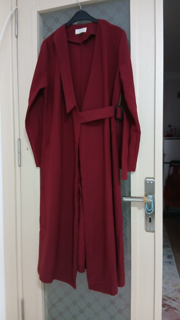 Bordo Uzun Kemerli Kadın Kaban - Görsel 2