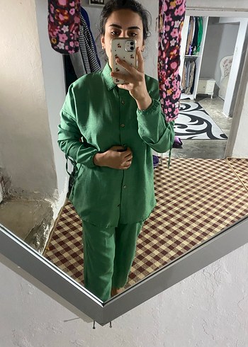 Yeşil Bol Kesim Keten Takım - Görsel 2