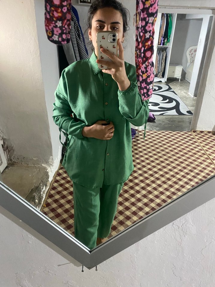 Yeşil Bol Kesim Keten Takım - Görsel 2