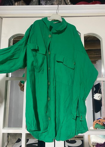 Düğmeli Yeşil Keten Uzun Kollu Gömlek - Görsel 2