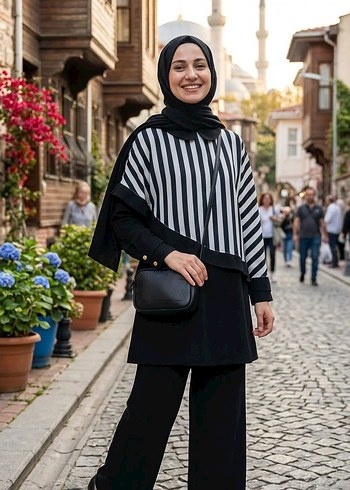 Diğer Siyah Beyaz Cizgili Tesettur Tunik