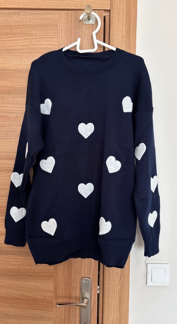 Lacivert Kalp Desenli Triko Kadın Kazak - Görsel 2