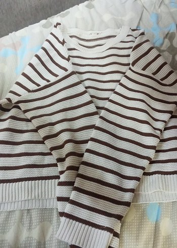 Kahverengi Çizgili Kadın Triko Sweatshirt - Görsel 3