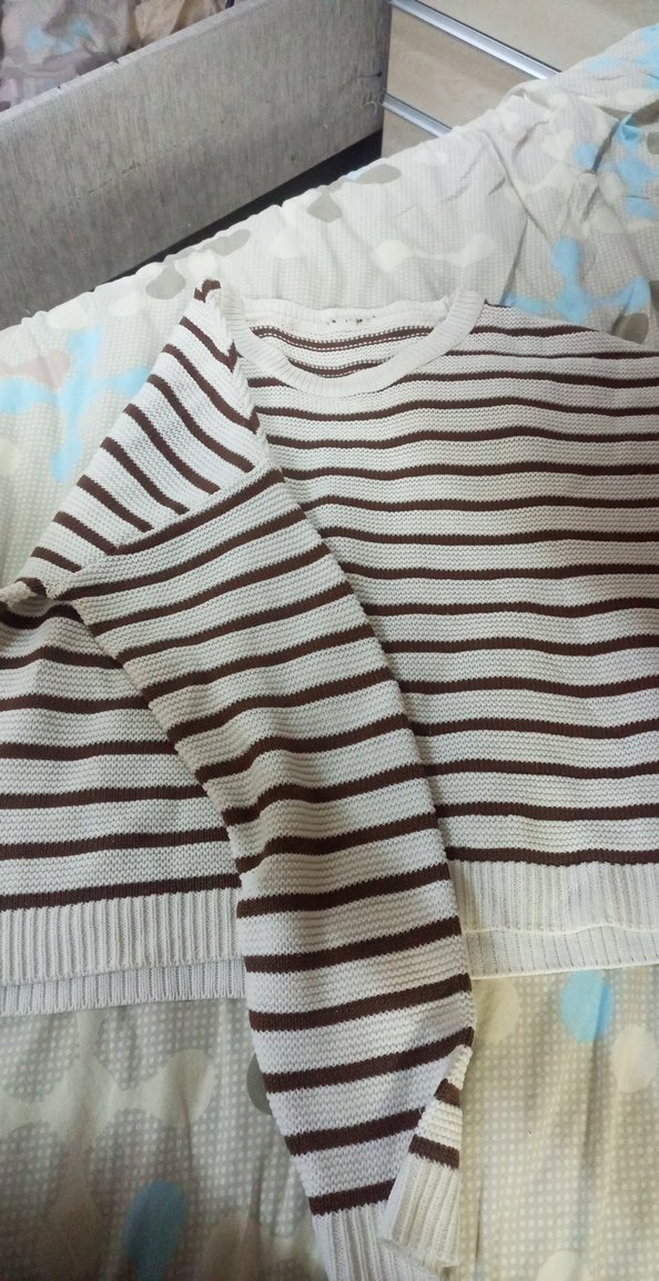 Kahverengi Çizgili Kadın Triko Sweatshirt - Görsel 2