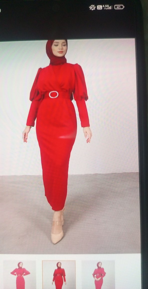 Kemer Detaylı Kırmızı Uzun Elbise - Görsel 2