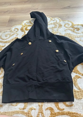 Düğmeli Kapüşonlu Siyah Kadın Sweatshirt
