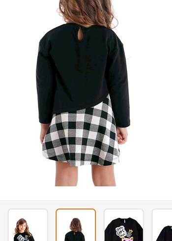 Denokids siyah ekoseli kiz cocuk asimetrik kesim kışlık elbise - Görsel 2