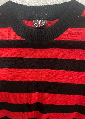 Kırmızı Siyah Çizgili erkek Triko Kazak - Görsel 2