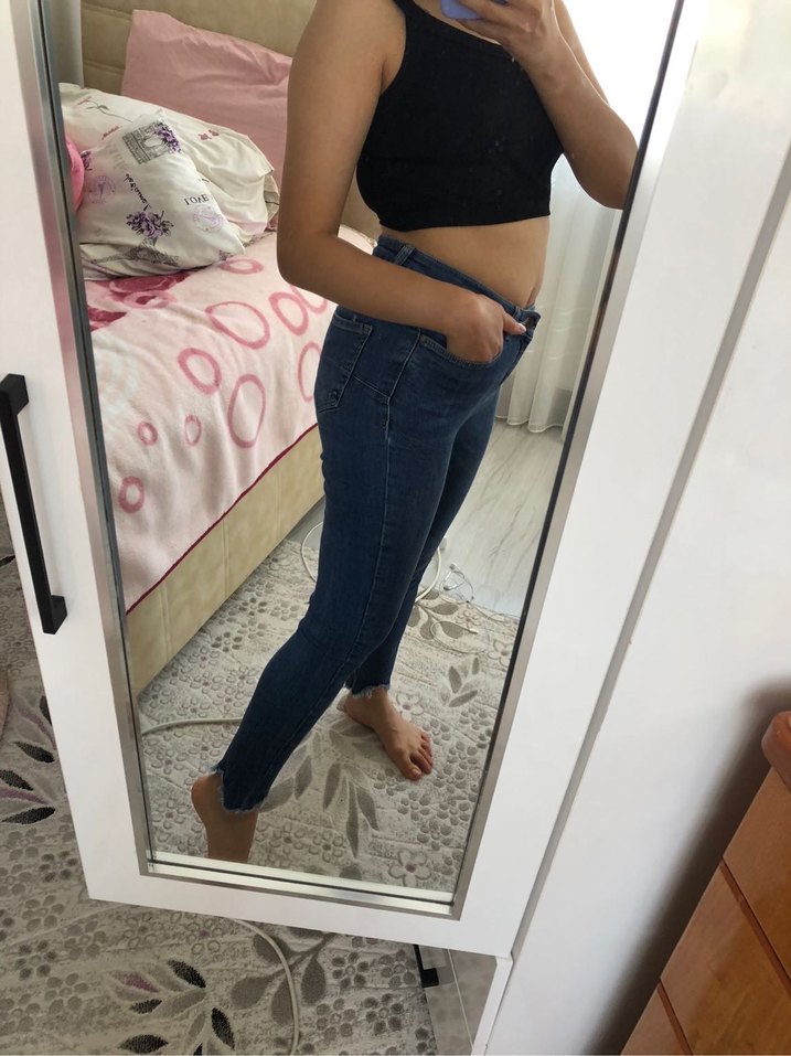 Kadın Mavi Normal Paça Dar Kesim Kot Pantolon - Görsel 3