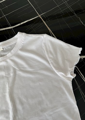 Beyaz Kısa Kollu Basic Kadın fitilli Tişört - Görsel 4