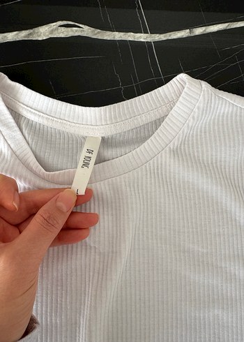 Beyaz Kısa Kollu Basic Kadın fitilli Tişört - Görsel 2