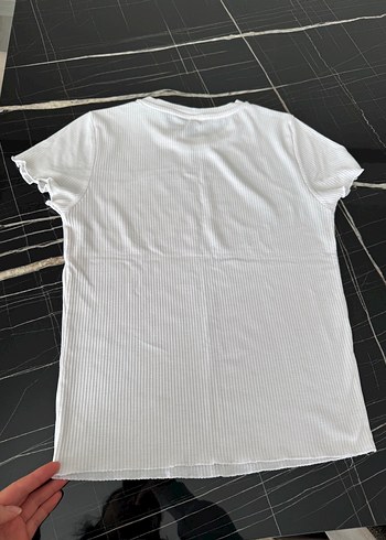 Beyaz Kısa Kollu Basic Kadın fitilli Tişört - Görsel 5