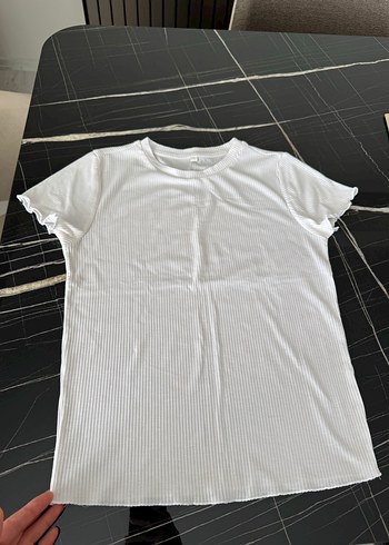 Beyaz Kısa Kollu Basic Kadın fitilli Tişört - Görsel 6