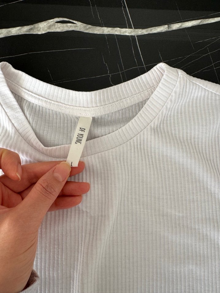 Beyaz Kısa Kollu Basic Kadın fitilli Tişört - Görsel 2