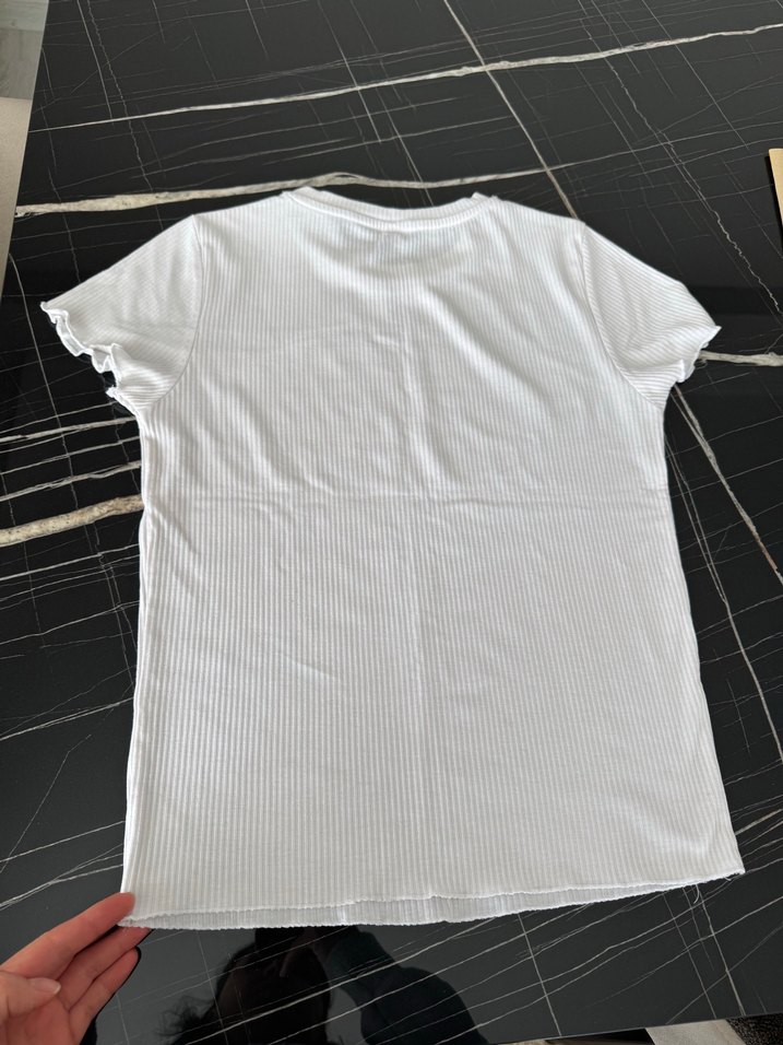 Beyaz Kısa Kollu Basic Kadın fitilli Tişört - Görsel 5